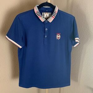 Brand Choice Blue Polo Shirt Plaid Collar Short Sleeve Casual Preppy Top